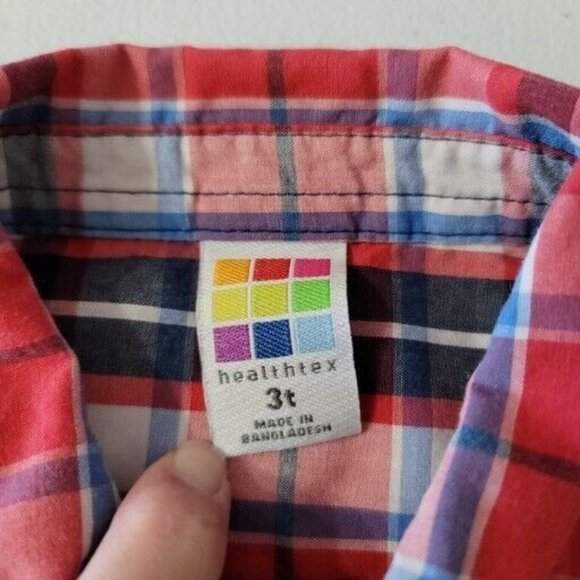 Healthtex Toddler Boy Size 3T Short Sleeve Button Up Plaid Shirt Red Blue - Picture 2 of 7